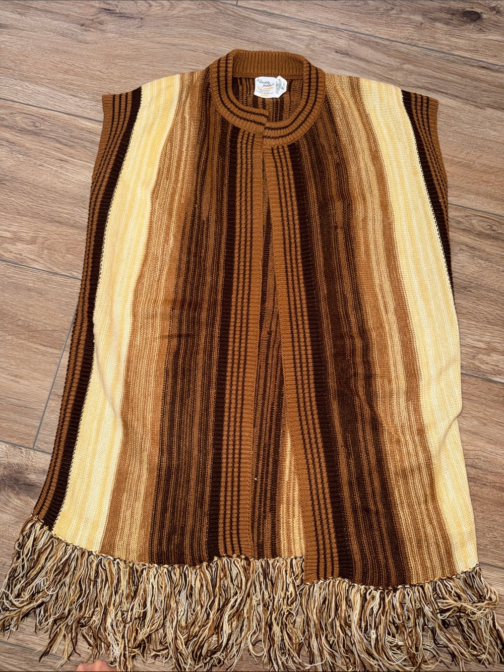 Vintage Striped Knit Fringe Sleeveless Cardigan in Brown and Cream